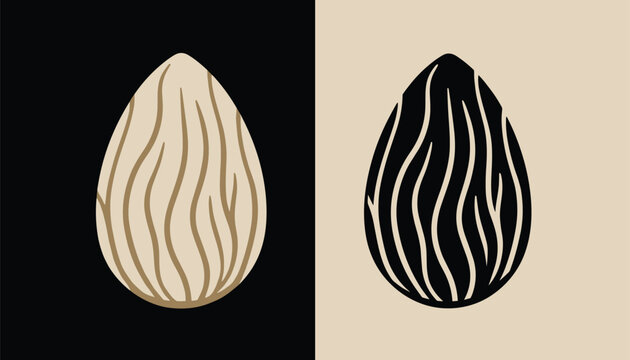 Dual contrast representation of almond nuts displaying a beige almond on black and a black almond on beige backgrounds.
