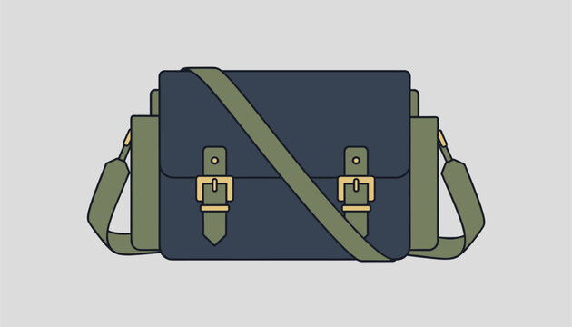 Flat vector illustration of a navy blue satchel bag with olive green straps and golden buckles on a light grey backdrop.