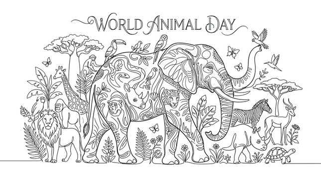 World Animal Day Coloring Page with Wildlife Animals