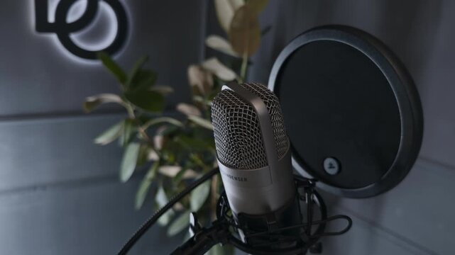 Close up of professional condenser studio microphone with pop filter standing empty in modern dark recording studio displaying freedom of speech communication concept during handheld orbiting arc shot