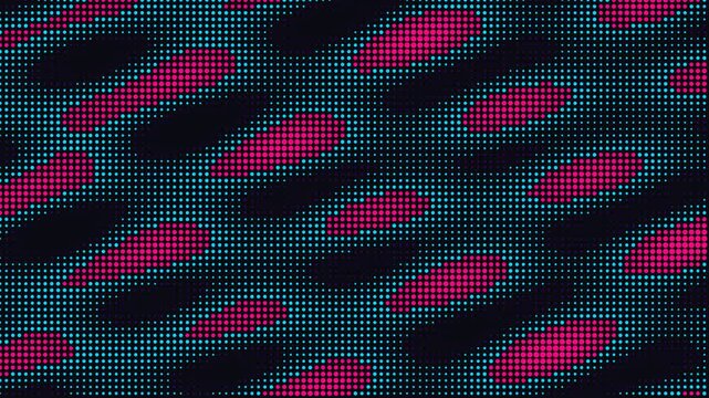 LED screen halftone pixel dots flickering in red and cyan clusters on black background for digital display overlay