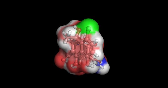 Chlortetracycline, pioneering broad-spectrum tetracycline antibiotic discovered in Streptomyces aureofaciens to combat stubborn bacterial infections, 3D molecule 4K spinning