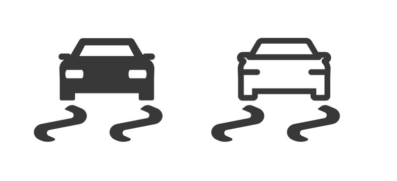 Slipping car traction icon line stroke, vehicle skid loss road warning driving control dashboard sign symbol set ui ux interface element outline, wet hazard caution graphic shape silhouette