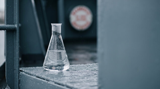 Erlenmeyer flask with water on a wet industrial surface in the rain
