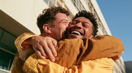 Obraz premium Two Men Embracing in a Yellow Shirt, Happy and Relaxed