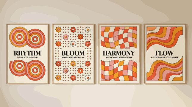 Set of four vintage-inspired art prints featuring groovy 70s patterns, bold typography, and a warm color palette.