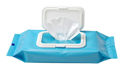 Obraz premium Wet Wipe Package: A bright blue package of wet wipes, partially opened, revealing the clean white wipes within. Ready for convenient use.