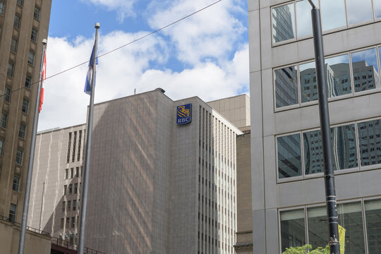 RBC corporate logo sign on the exterior of 20 King St W, a mid-century modern office building designed by Marani, Morris & Allen, Toronto