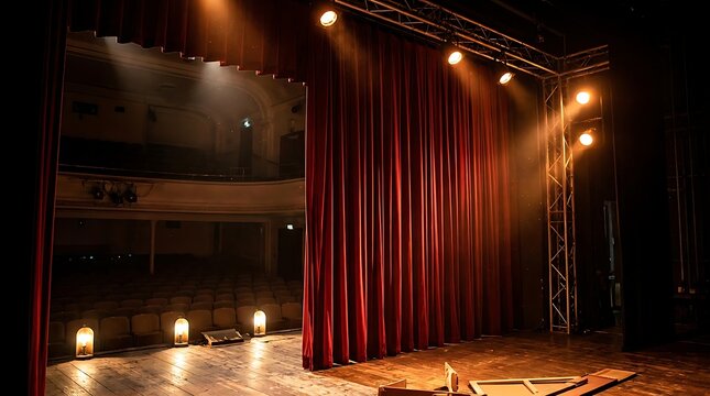 Empty theater stage with red velvet curtains and warm spotlights illuminating the old wooden floorboards