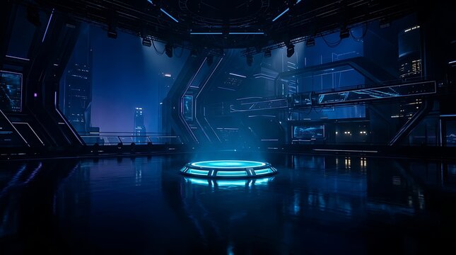 Futuristic scifi interior with glowing circular podium and neon blue lights in a dark spaceship control room
