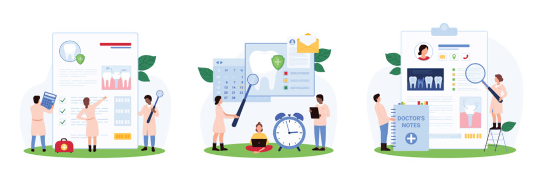 Dental services, dentistry examination in hospital set. Tiny people with magnifying glass and dentist mirror examine data in patients implant diagnosis card, doctors notes cartoon vector illustration