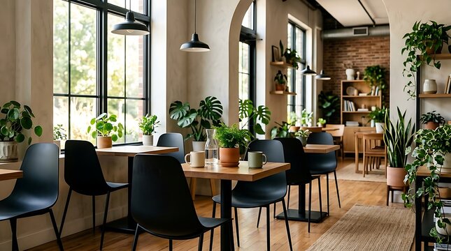 Cozy cafe interior with plants and natural light