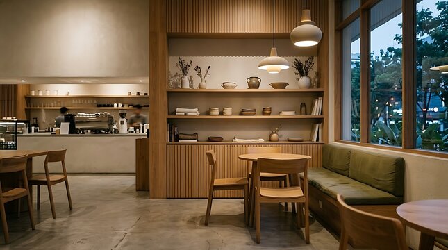 Cozy cafe interior with wooden furniture and warm lighting