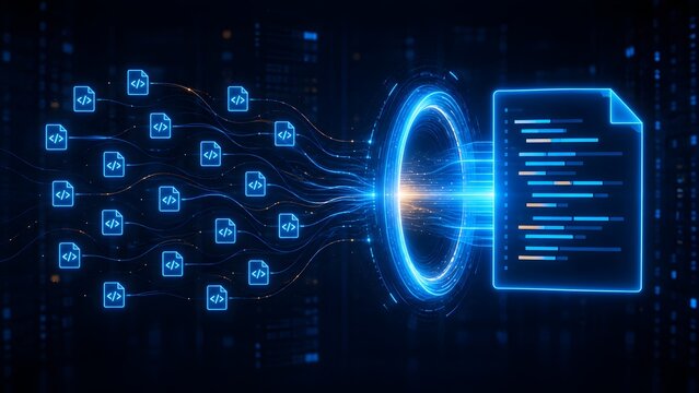 Digital code files passing through a glowing circular portal into a master programming document representing software integration and futuristic tech.