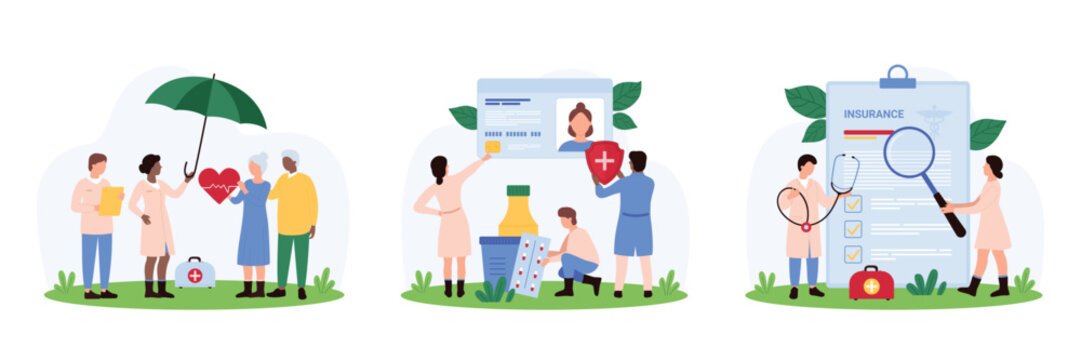 Health insurance set. Tiny people protect elderly with umbrella and shield, check information of patients insurance policy on clipboard, ID card with magnifying glass cartoon vector illustration