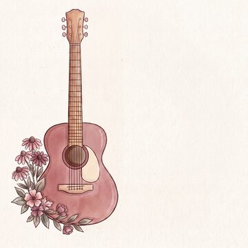 Pink Acoustic Guitar Illustration with Floral Accents