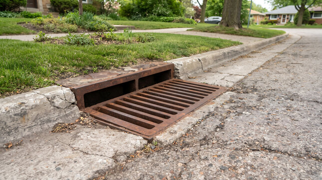 Rusty storm drain grate at curb in suburban residential street.