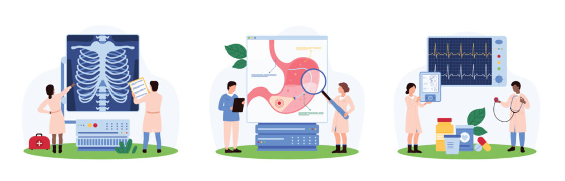 Medical examination in hospital set. Tiny people monitor stomach on gastroscopy, check lung health on patients chest xray with magnifying glass and blood pressure readings cartoon vector illustration