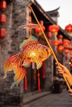 Glowing fish lantern with red tassels held on bamboo pole in traditional Chinese old town during festival