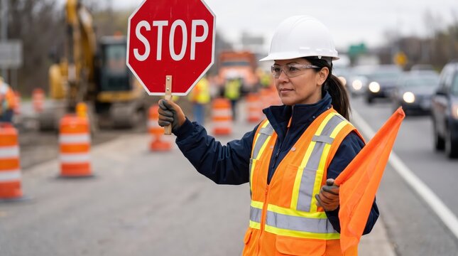 Female construction flagger holding a stop sign and orange traffic flag at a highway work zone, wearing a high-visibility safety vest and directing traffic.