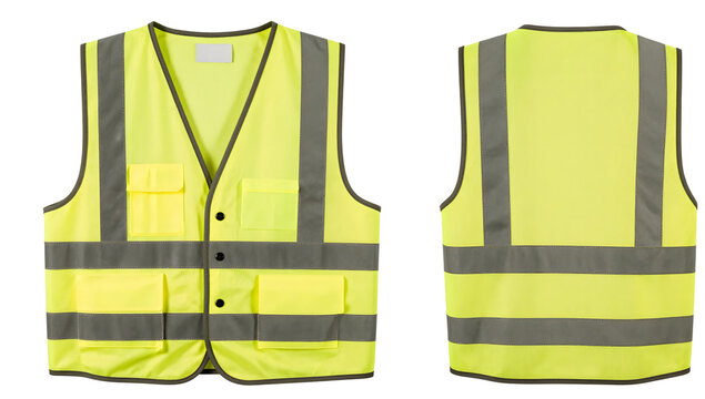 High Visibility Safety Vest: A bright yellow safety vest with reflective strips, shown from the front and back, designed for enhanced visibility and protection in various work environments.
