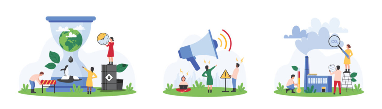 Awareness of planet air and water pollution, global warming set. Tiny people study cloud of greenhouse gases and chimney smoke with magnifying glass, warning in megaphone cartoon vector illustration