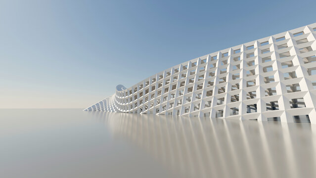 Futuristic white parametric wave structure rendered under clear sky. Ideal for modern architectural websites, tech presentations, corporate banners, digital wallpaper, and minimalist web backgrounds