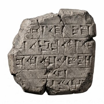 Ancient weathered clay tablet features intricate carved cuneiform symbols isolated against a clean white background for historical educational research purposes