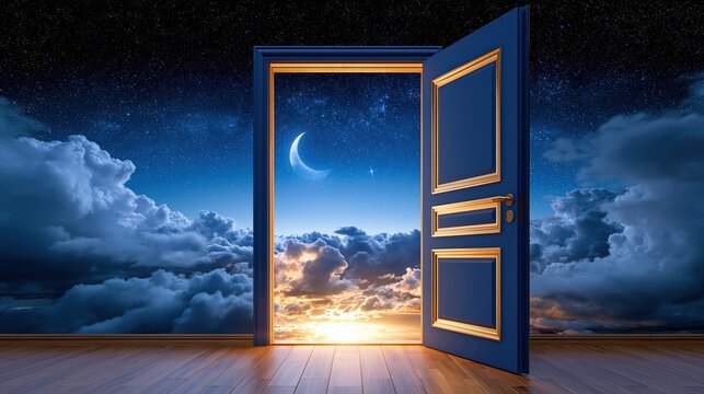 Open blue door revealing a starry night sky with moon and clouds, symbolizing dreams and opportunity