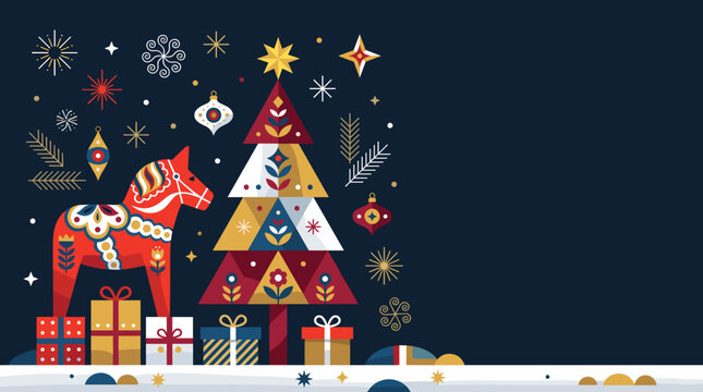 A festive graphic featuring a red Dala horse and a colorful geometric Christmas tree surrounded by gifts and ornaments.