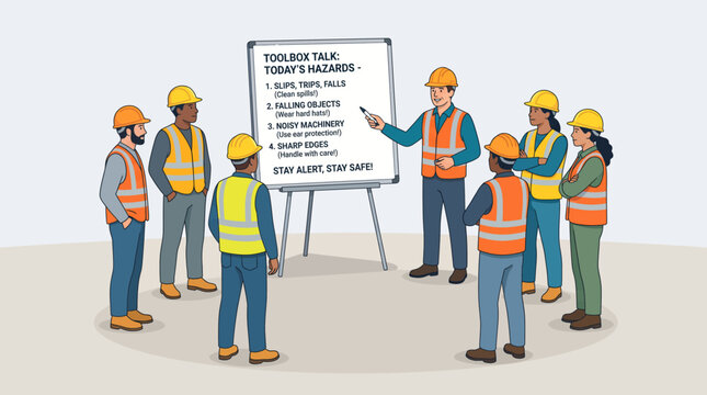 A group of construction workers in hard hats and safety vests attending a toolbox talk or safety briefing, discussing today's hazards from a whiteboard.