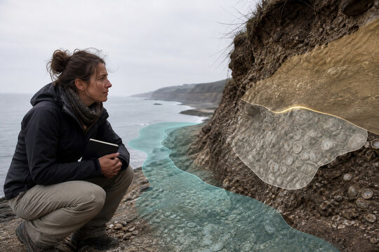 Archaeologist studies coastal shell midden layers