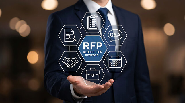 Businessman presenting request for proposal RFP concept with modern business icons