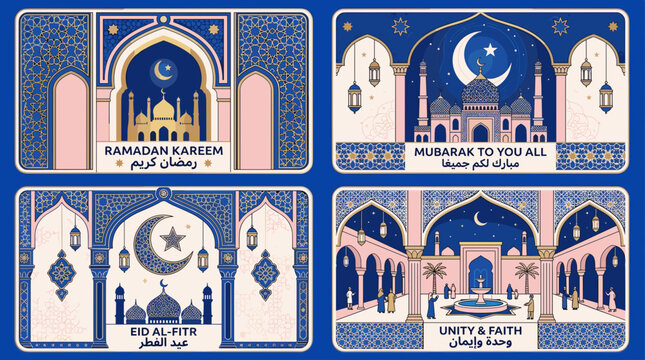 A collection of four decorative Islamic greeting cards featuring mosques, crescent moons, stars, lanterns, and people in traditional attire.