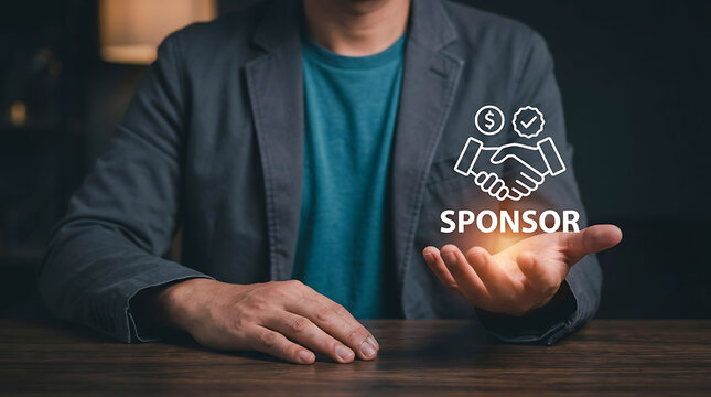 Businessman hand showing sponsor icon with business handshake and money symbol
