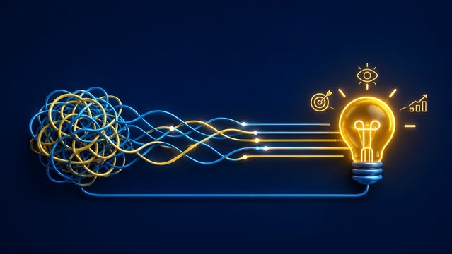 Tangled lines straightening to glowing lightbulb with business icons representing strategy vision and financial growth