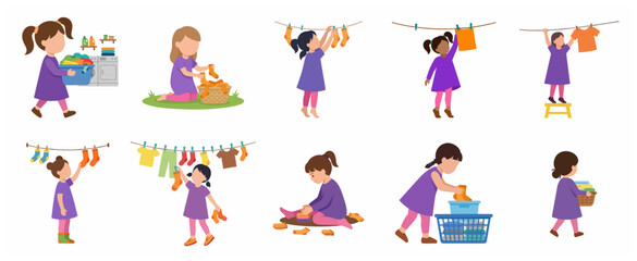 Fototapeta premium Set of cute little girls doing laundry chores, hanging clothes, folding socks, and carrying baskets in flat vector illustration style