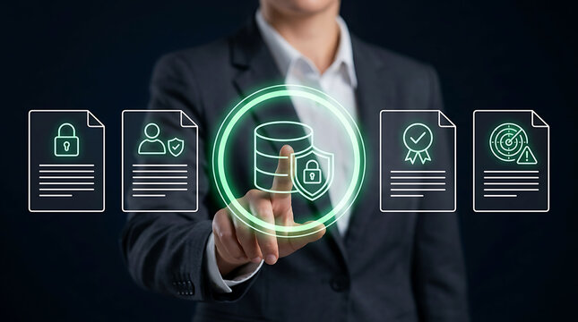 Businesswoman touching database security compliance policy cyber privacy data icon
