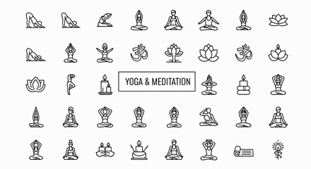 Obraz premium Yoga and meditation icons set, various poses and symbols for wellness and mindfulness, vector illustration