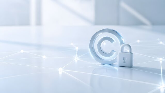 Minimalist 3D glass copyright symbol and padlock on glowing digital network grid representing clean modern intellectual property protection