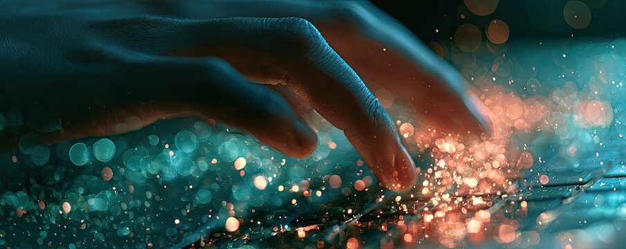Fingers touch glowing particles on a keyboard in abstract light