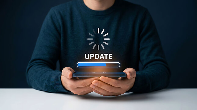 Man holding smartphone with system software update and progress bar interface