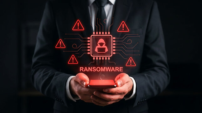 Businessman holding phone with ransomware cyber attack and security warning icon