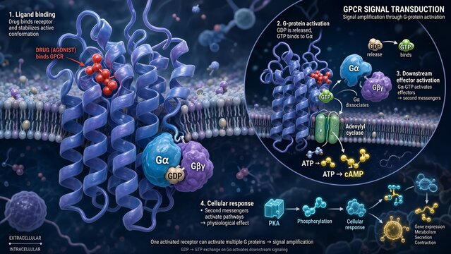 Molecular biology concept of a g protein-coupled receptor binding a drug ligand and triggering a downstream intracellular signal cascade activation