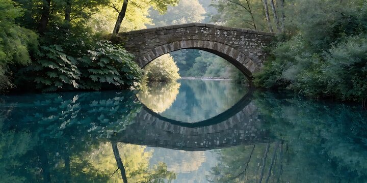Scenic stone bridge over a calm river with perfect circular reflection in water
