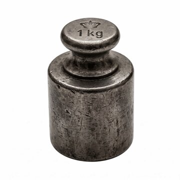 Vintage metal one kilogram weight features rustic iron texture and engraved crown symbol isolated on a clean white background studio shot