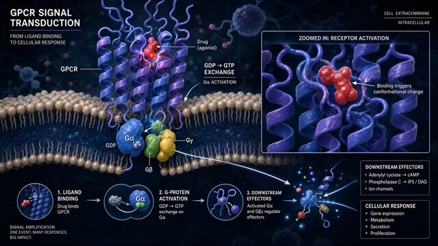 Gpcr receptor protein with a zoomed inset showing a red drug molecule binding to the blue-purple receptor and the g-protein alpha subunit exchanging gdp for gtp