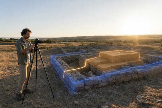 Archaeologist photographs stone foundation for digital heritage