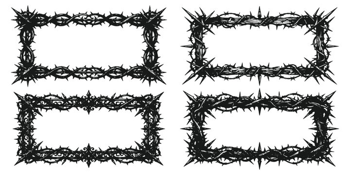 Set of gothic black crown of thorns rectangular border frames on white background vector illustration.