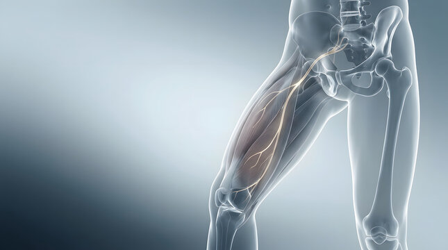Sciatic nerve, leg and human anatomy with muscles, bones and medical illustration for healthcare. Body, skeleton and pain with physical therapy, science and surgery for clinics or education.